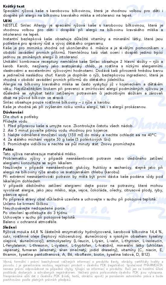 Nestlé Sinlac Allergy speciální kaše 250g od ukončeného 6. měsíce - popis