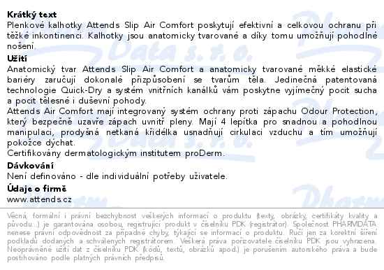 Kalhotky absorpční Attends Slip Air Comfort 9 XL 20ks - popis