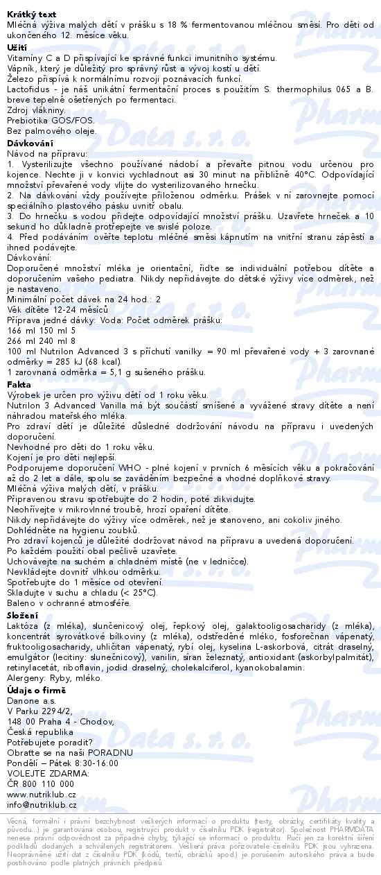 Nutrilon Advanced 3 Vanilla 800g - popis