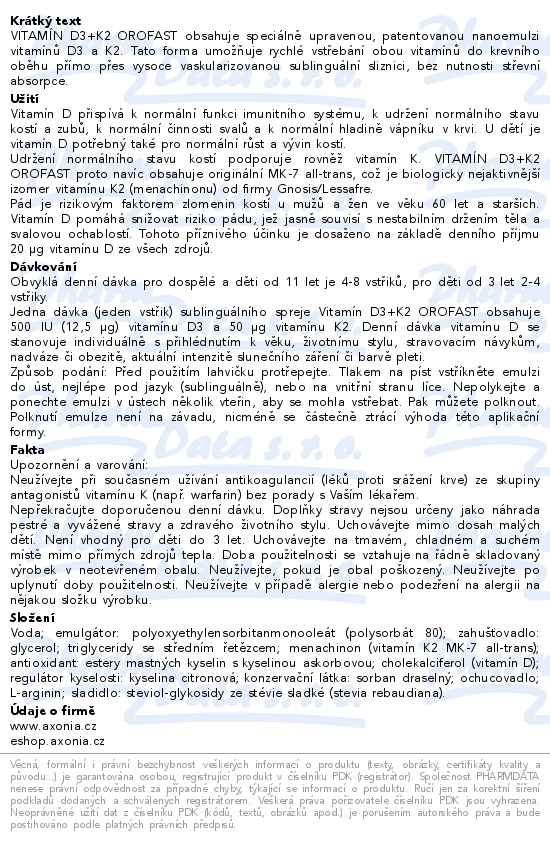 Vitamín D3+K2 orofast sublinguální sprej 50ml - popis