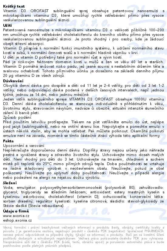 Vitamín D3 Orofast sublinguální sprej 50 ml - popis