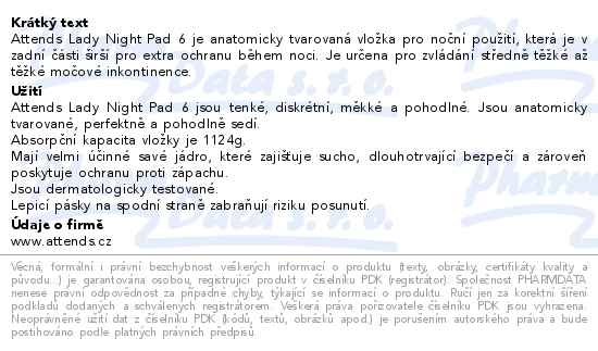 Vložky absorpční Attends Lady Night Pad 6 kapek 30ks - popis