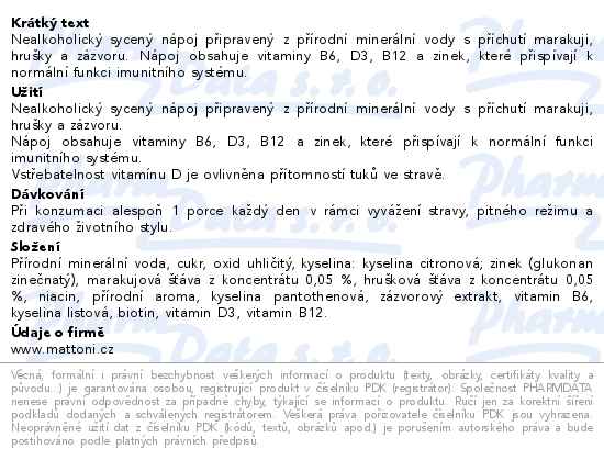 Mattoni Imuno hruška, marakuja, zázvor jemně perlivá 0,7 l - popis