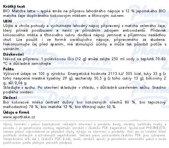 Apotheke Matcha Latte BIO 250g - popis