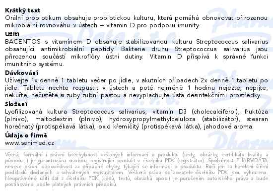 Bacentos + vitamín D orální probiotikum 30 tablet - popis
