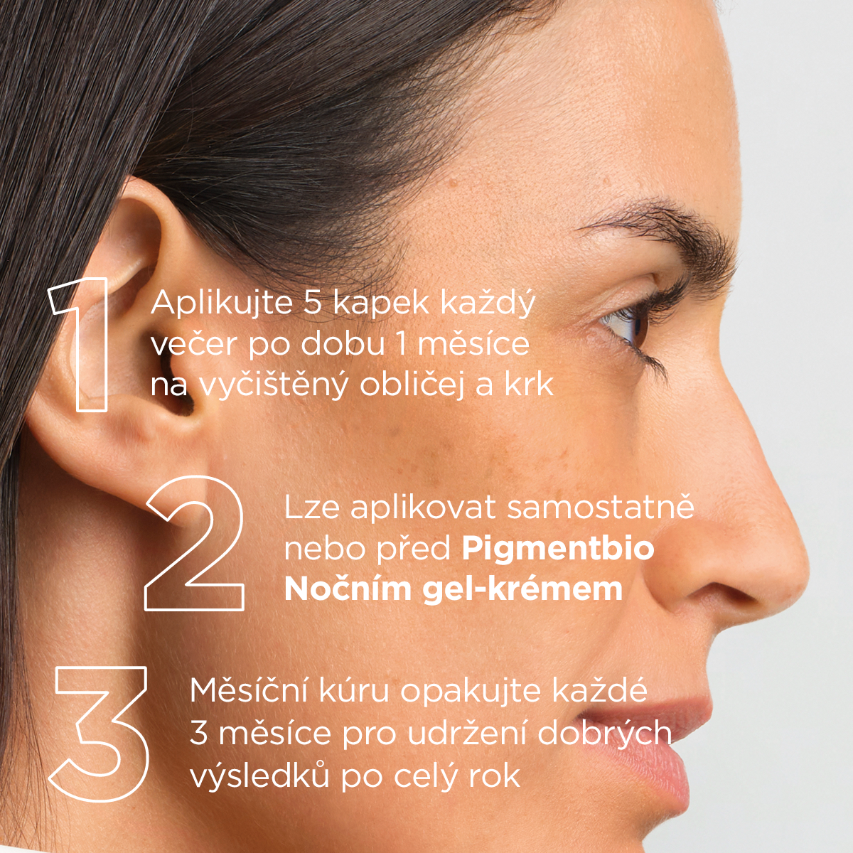 Použití BIODERMA Pigmentbio C-koncentrátu večer na vyčištěný obličej a krk