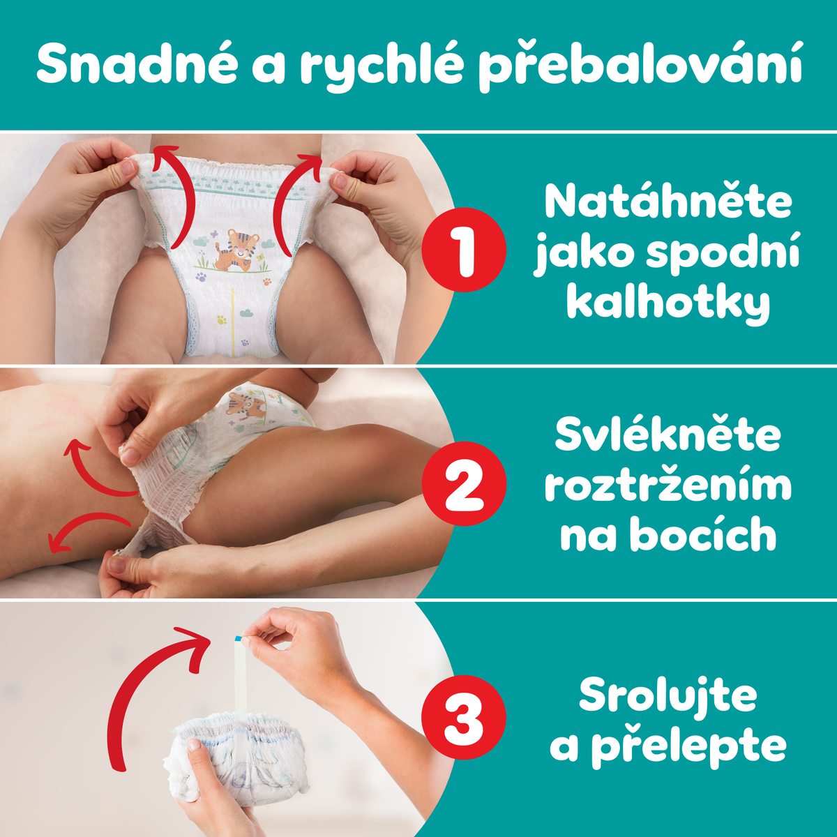 Pampers Active Baby Pants jednoduché oblékání a svlékání plenkových kalhotek krok za krokem